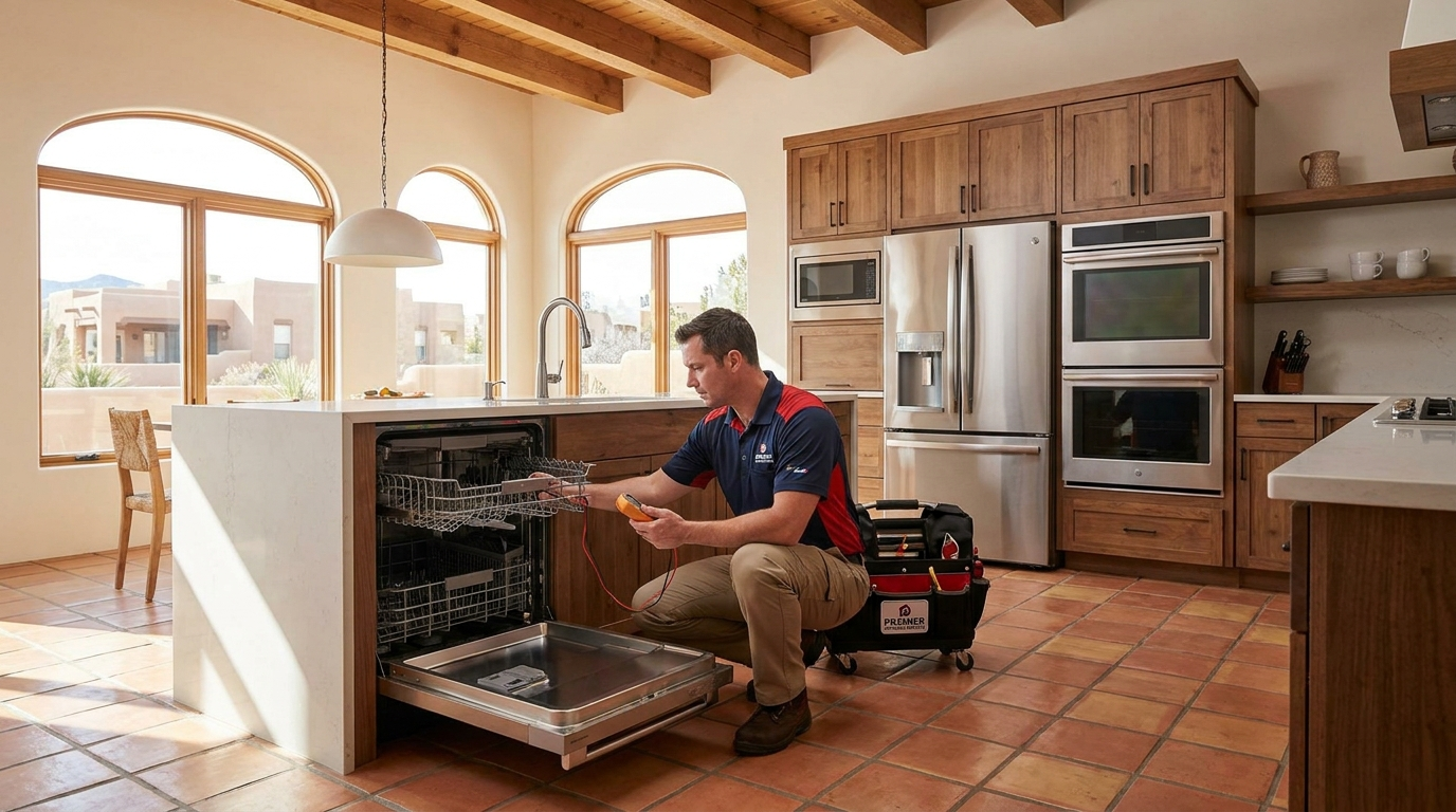 Professional appliance repair technician servicing a dishwasher in an Albuquerque, New Mexico kitchen